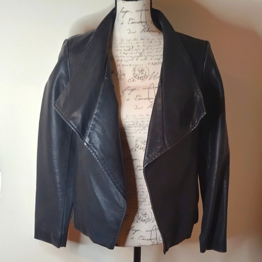 NWT Lisa International Open Front Faux Leather Charcoal Jacket